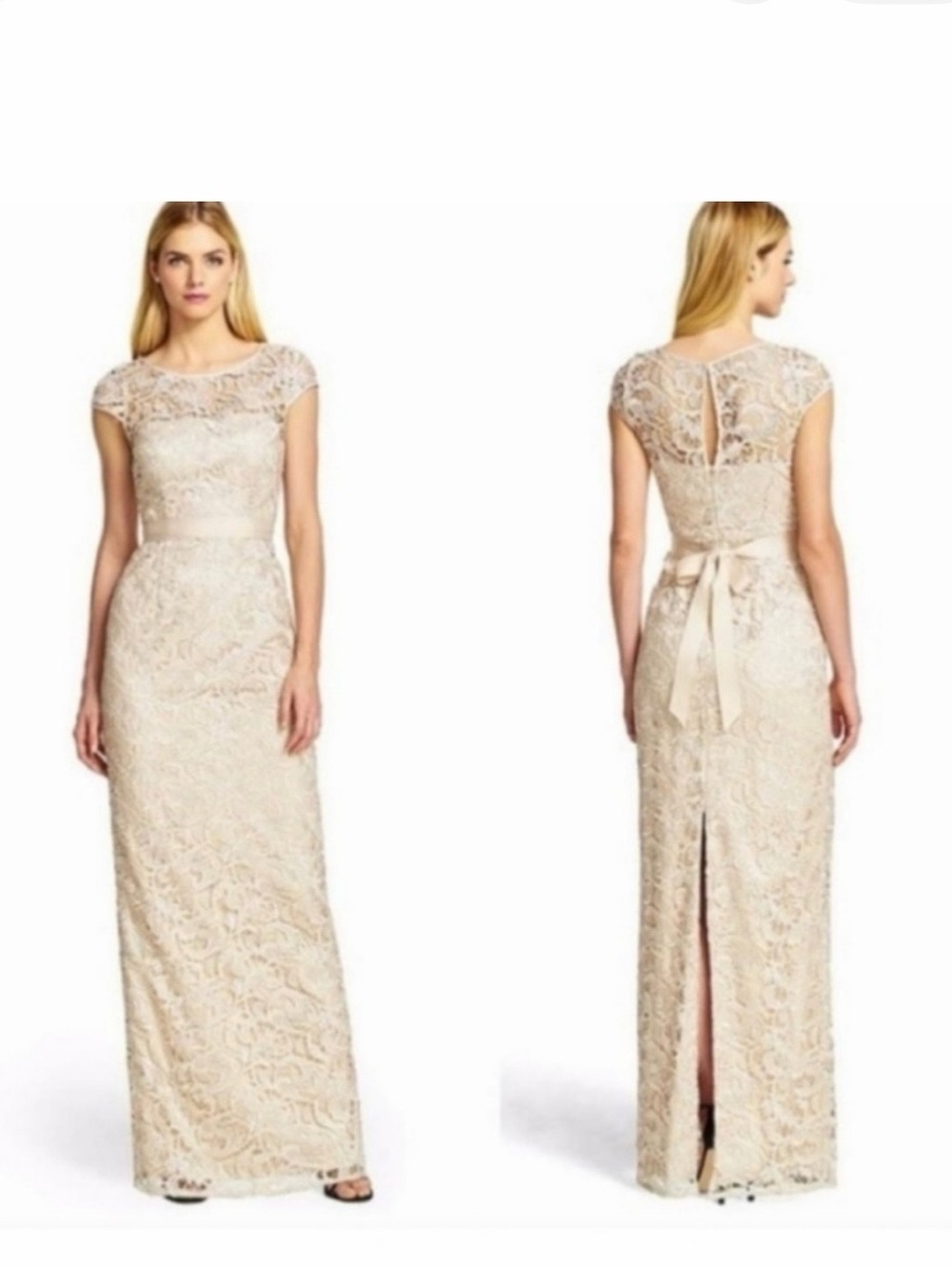 Adrianna Papell Women's Sz 6 Crocheted Lace Cap-Sleeve Evening Dress Champagne